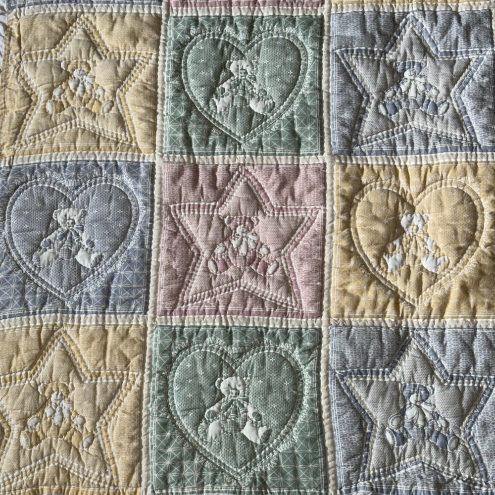 Handmade Teddy Bear Baby Quilt Pastel Crib Blanket Nursery 56x37 Vtg Cottagecore - Picture 2 of 16